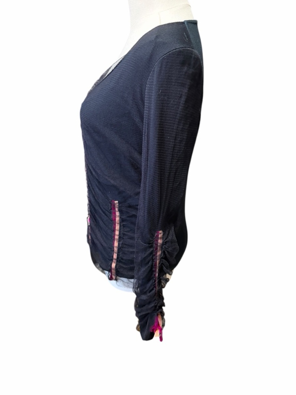 Roberta Scarpa Wool Silk Blend Black Ruched Long-Sleeve Pink Stripe Detail Sz 10 - Picture 4 of 14